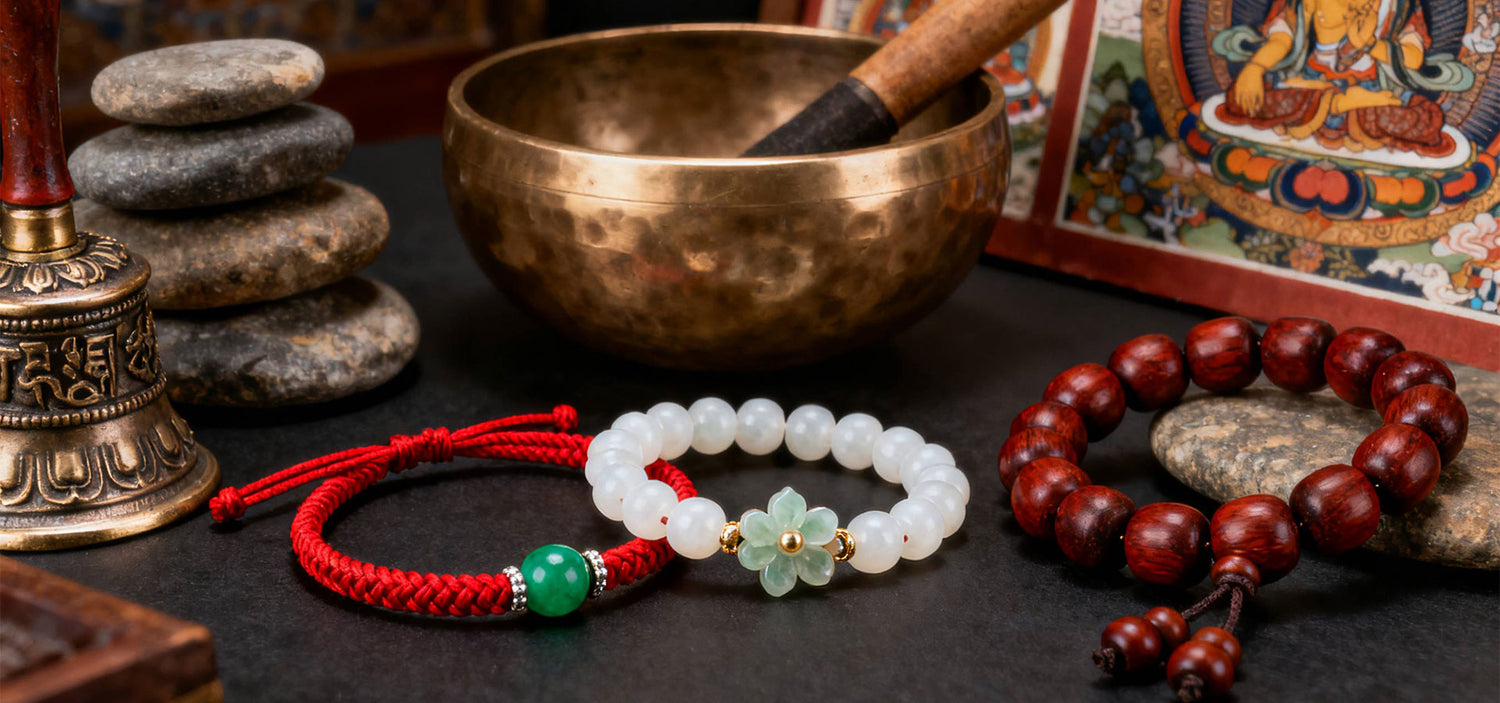 Tibetan singing bowl with accessories on a dark surface