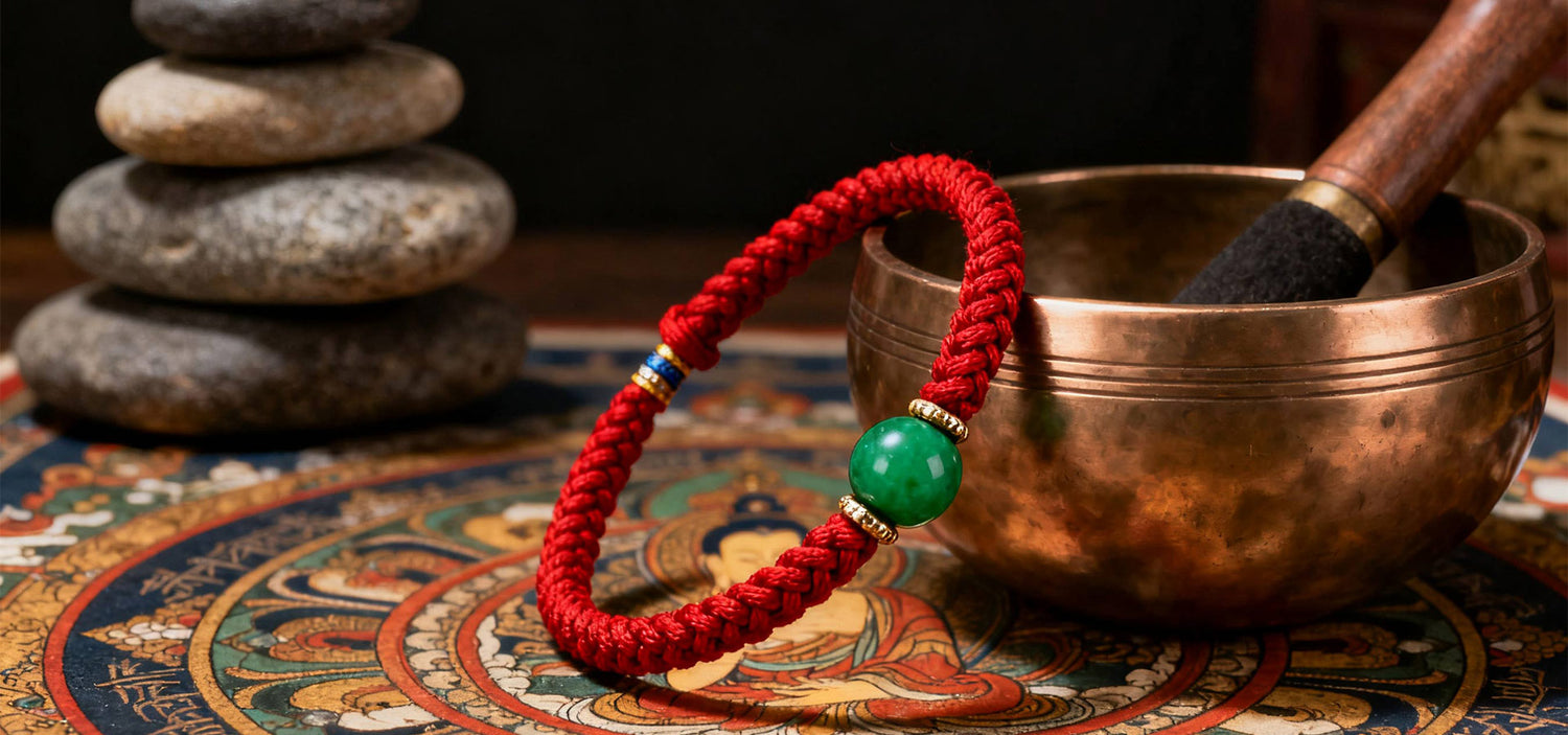 Red corded bracelet with a green bead on a bronze singing bowl, stones, and patterned fabric in the background