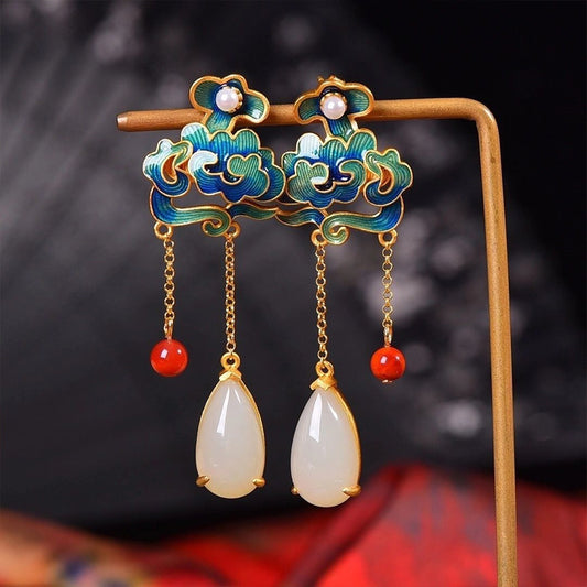 Buddhisoul Hetian Jade Ruyi Orchid Gold-Plated Earrings