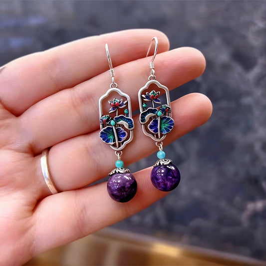 Buddhisoul S925 Sterling Silver Enamel Lotus & Lotus Leaf Earrings