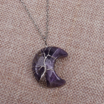 Natural Quartz Moon Tree of Life Healing Energy Necklace Pendant