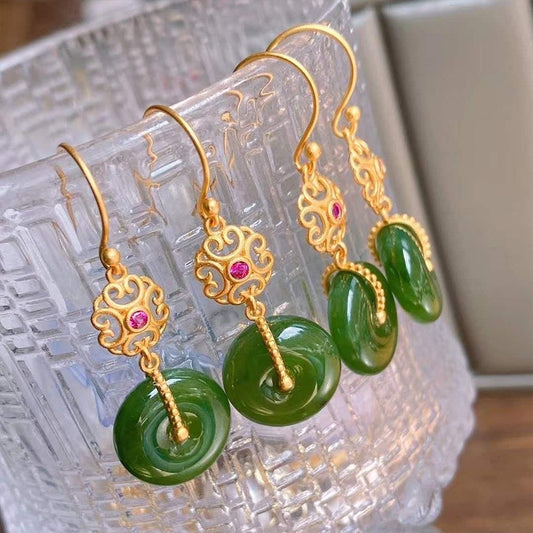 Buddhisoul Hetian Green Jade “Ping An Kou” Peace-Buckle Earrings