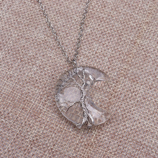 Natural Quartz Moon Tree of Life Healing Energy Necklace Pendant