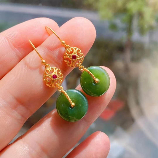 Buddhisoul Hetian Green Jade “Ping An Kou” Peace-Buckle Earrings