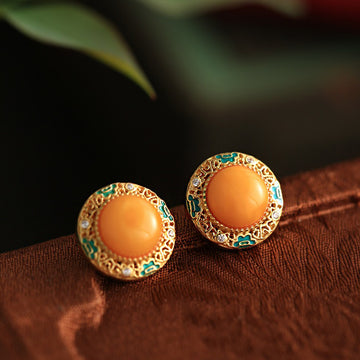 BuddhiSoul Yellow Amber Ping’an-Disc Enamel Stud Earrings