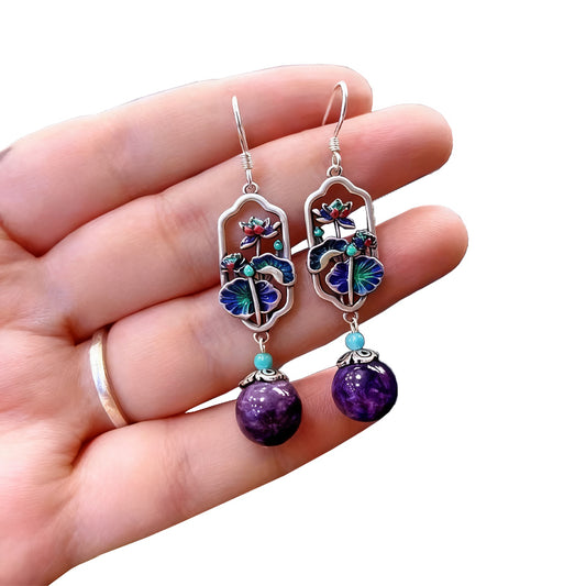 Buddhisoul S925 Sterling Silver Enamel Lotus & Lotus Leaf Earrings