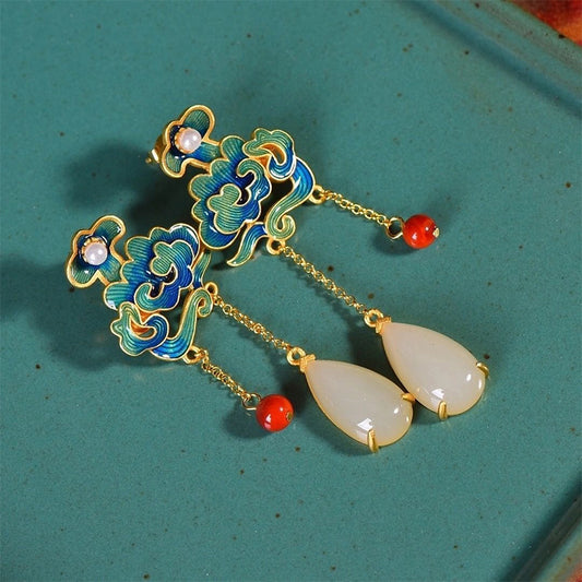 Buddhisoul Hetian Jade Ruyi Orchid Gold-Plated Earrings