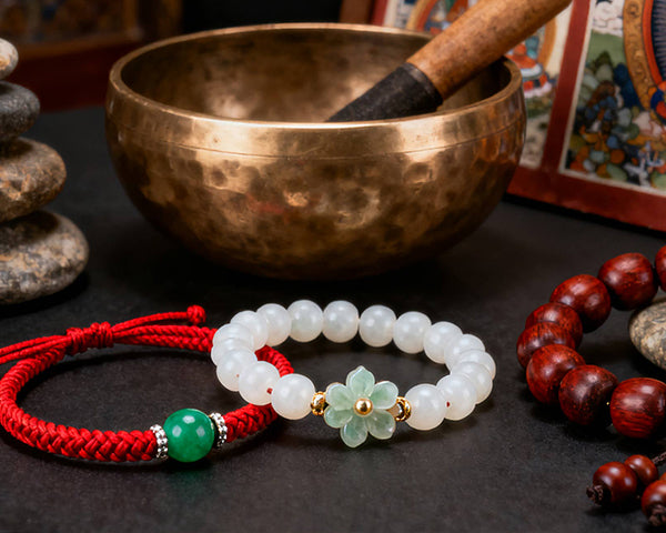 Tibetan singing bowl with a mallet, red and white beaded bracelets, and wooden beads on a dark surface.