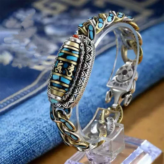 BuddhiSoul Six-Syllable Mantra · Nine-Eyed Dzi Bracelet — S925 Silver