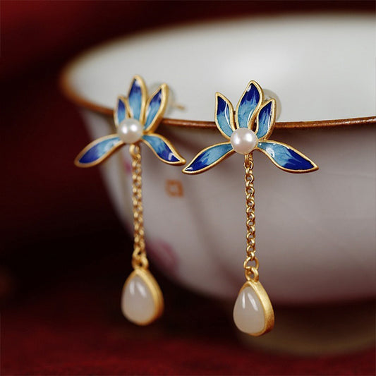 Buddhisoul S925 Sterling Silver Hetian Jade Lotus Earrings