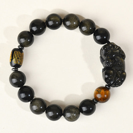 Buddhisoul Obsidian Pi Xiu Bracelet with Heart Sutra Engravin